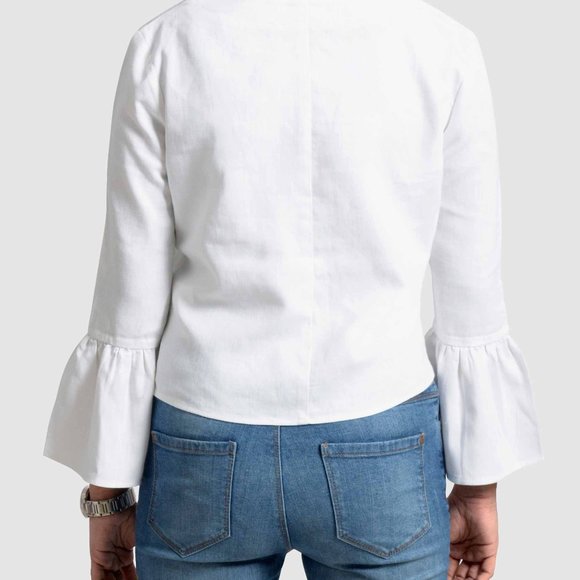 OLGYN Women’s Linen Bell-Sleeve White Top - Picture 2 of 4